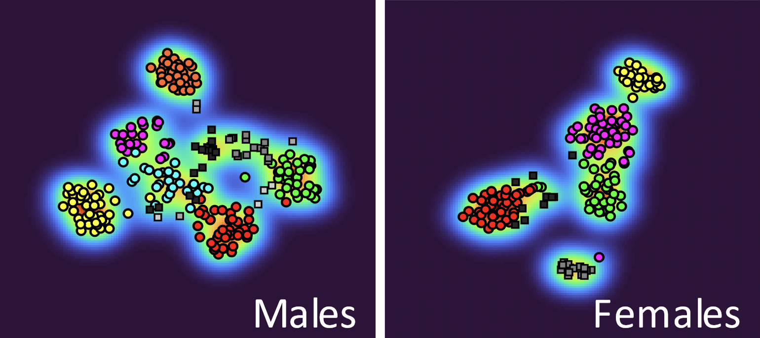 Plot showing KiwiNet classification of calls from 10 previously-unseen roroa (6 males, 4 females).